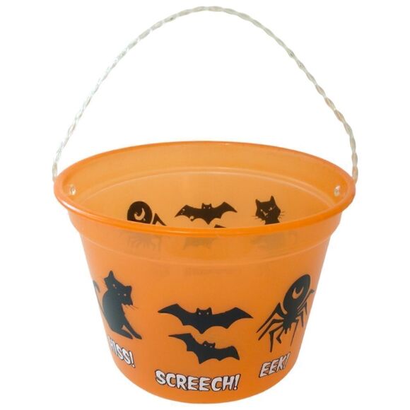 Vintage Halloween Bucket Pail Trick or Treat Black Cats Bats Translucent 1990s. - Picture 2 of 16